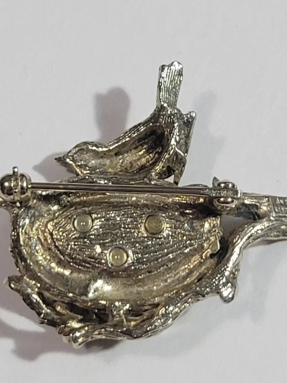Anson Mama Bird Nest Brooch Rhinestones Sterling Silver Vintage Birthstones
